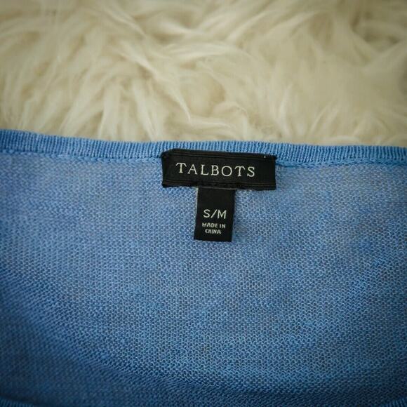 Talbots Small Medium S M Blue Open Knit Scoop Short Cap Sleeve Linen Sweater - Picture 4 of 6